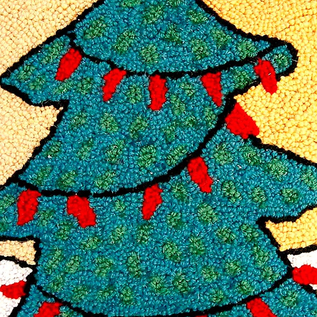 Closeup of Cute Christmas Tree Lights Wool Hooked Holiday needlepoint throw pillow highlighting hand-stitched wool craftsmanship and fabric detail