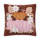 Daisies and Pumpkin Trio Hooked Wool Fall Harvest Throw Pillow, 16x16 inch, front view