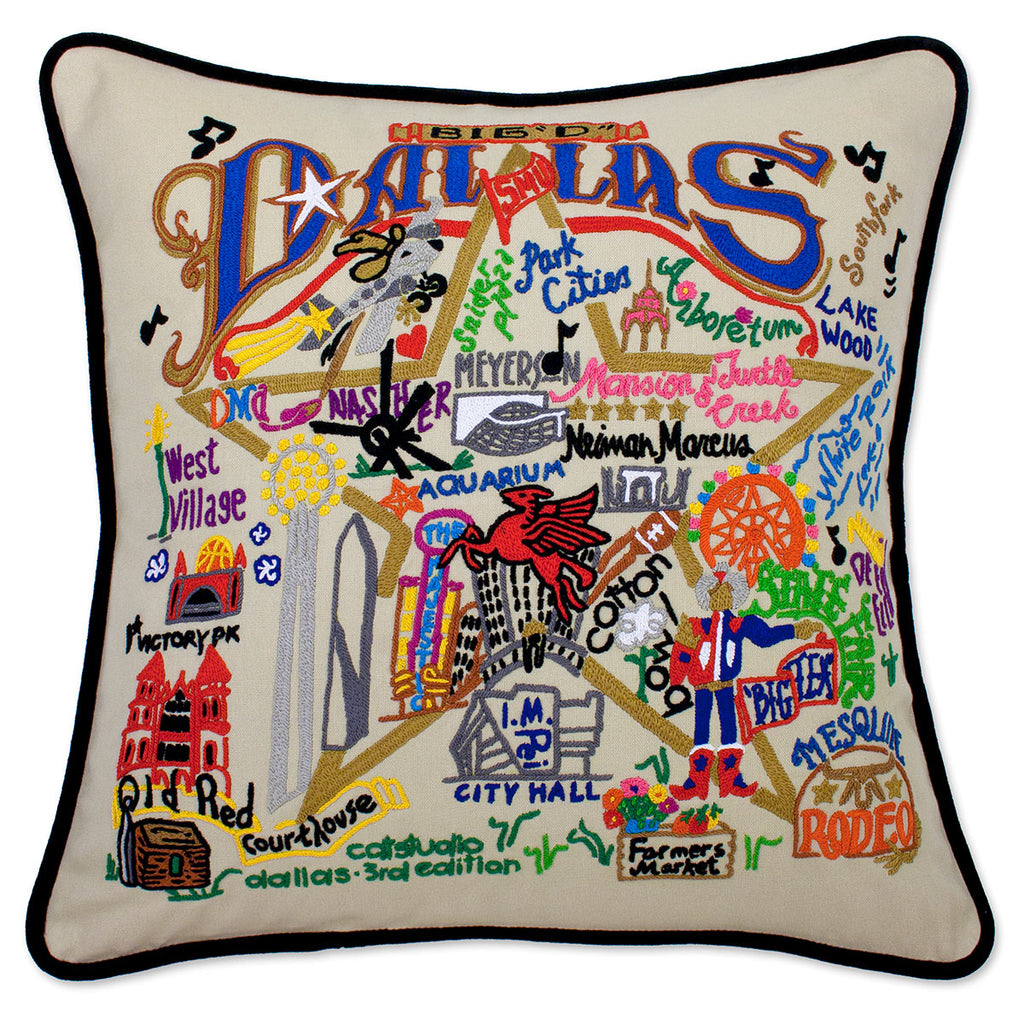 Dallas, TX Big D City embroidered throw pillow with cityscape.