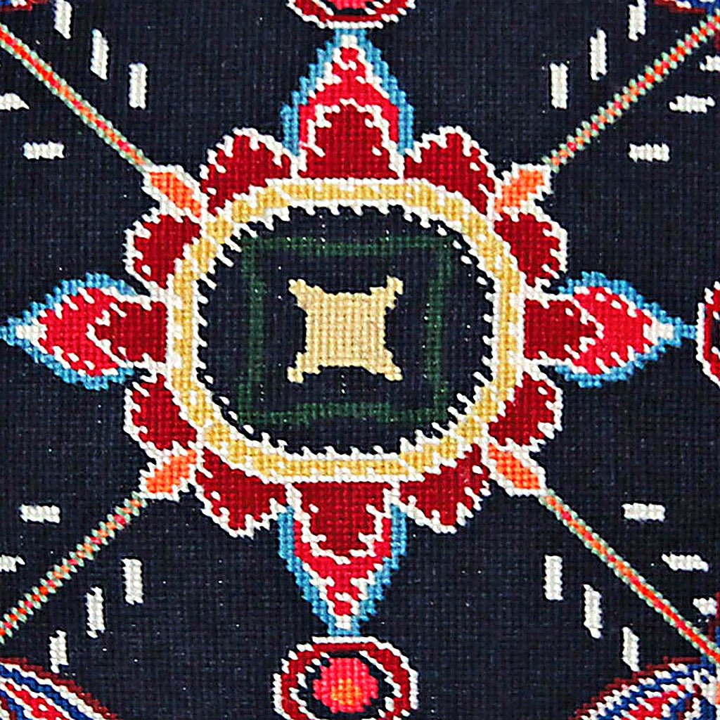 Hand-stitched wool detail of Dark Blue Designer Botanical needlepoint pillow showing intricate weave pattern and texture