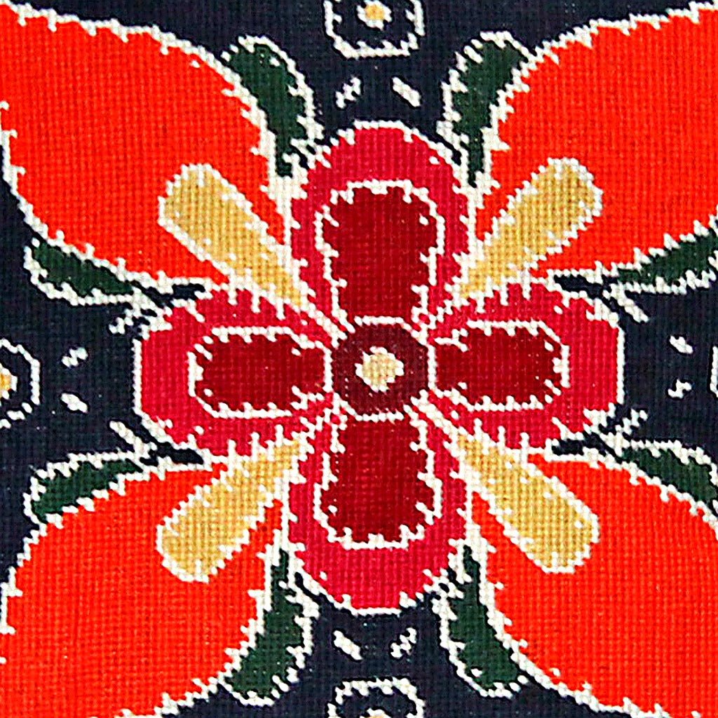 Dark Blue Orange Designer Floral pillow fabric closeup showing hand-embroidered needlepoint wool texture and color detail