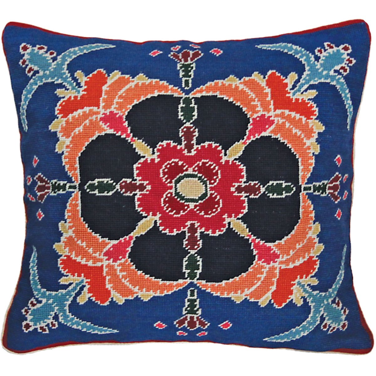 Dark Blue Red Designer needlepoint throw pillow with botanical floral design