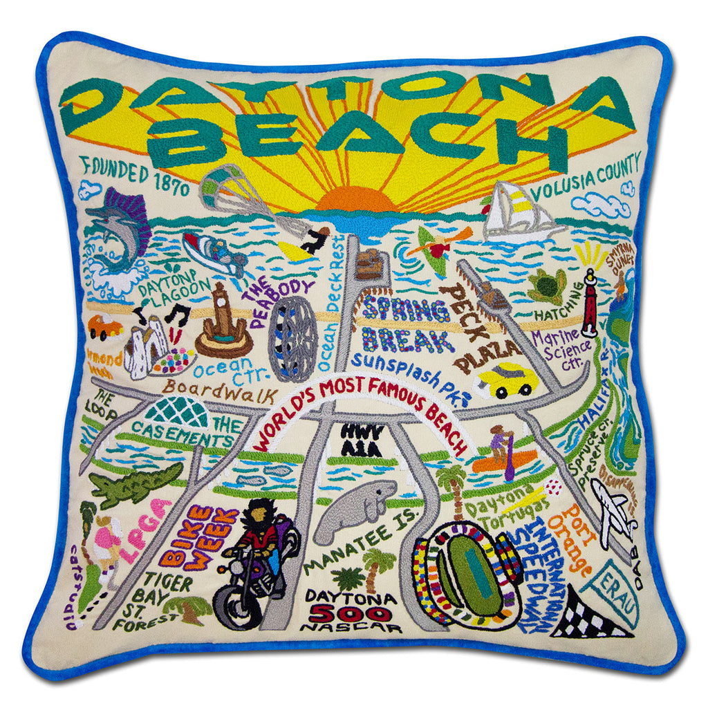 Daytona Beach, FL Sunshine embroidered throw pillow with beach scenery.