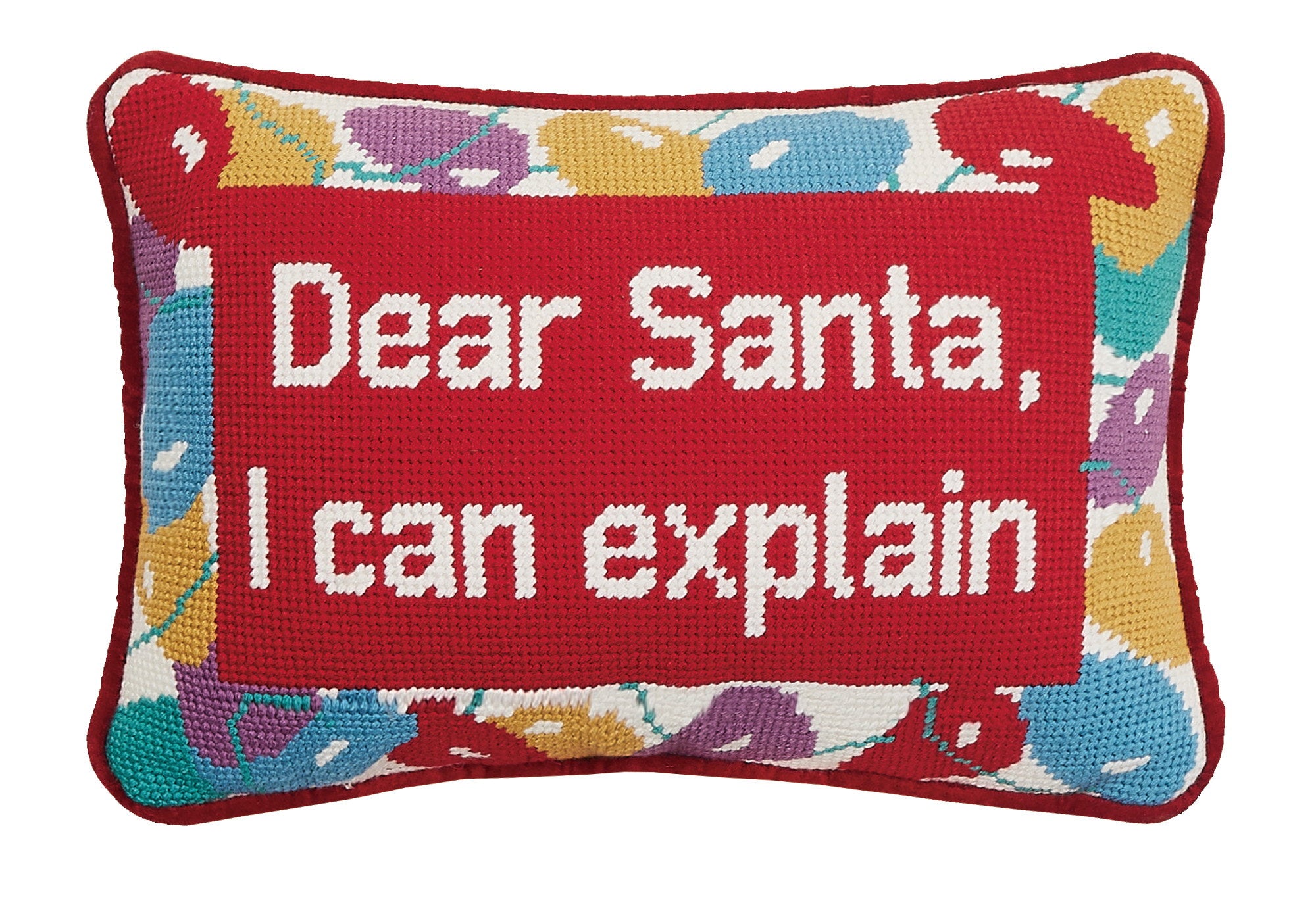 Dear Santa Embroidered Needlepoint Christmas Throw Pillow, 8x12 inch, front view