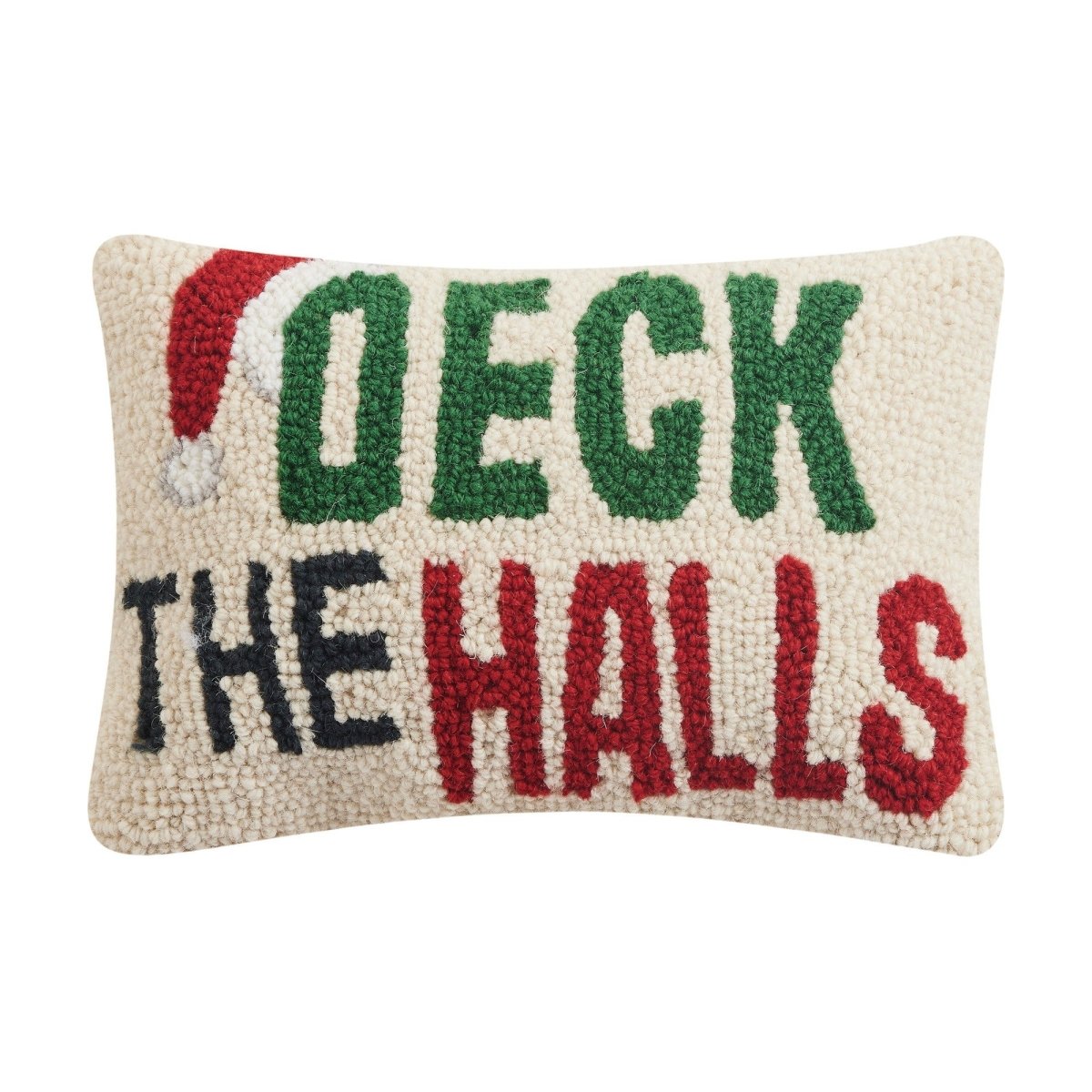 Deck the Halls Hooked Wool Christmas Throw Pillow, 8x12 inch, front view