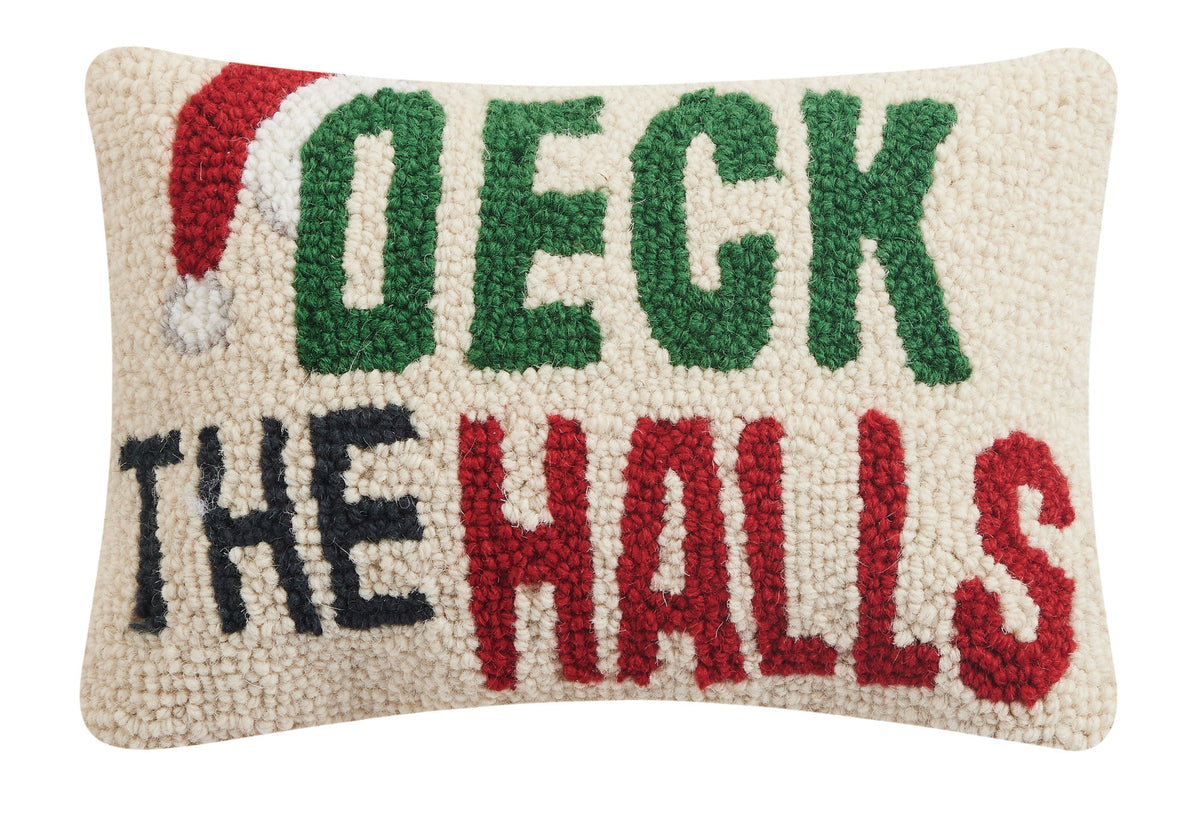 Deck the Halls Hooked Wool Christmas Throw Pillow, 8x12 inch, front view
