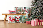 Decorating Tree Hooked Wool Christmas Throw Pillow shown alongside other designs in the same collection, 18x18 inch