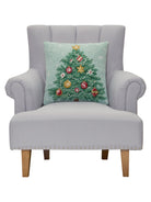 Decorating Tree Hooked Wool Christmas Throw Pillow on an armchair, showing the throw pillow at room scale, 18x18 inch