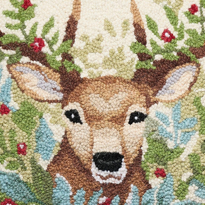 Deer Hooked Wool Christmas Throw Pillow, close-up detail