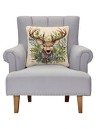 Deer Hooked Wool Christmas Throw Pillow on an armchair, showing the throw pillow at room scale, 18x18 inch