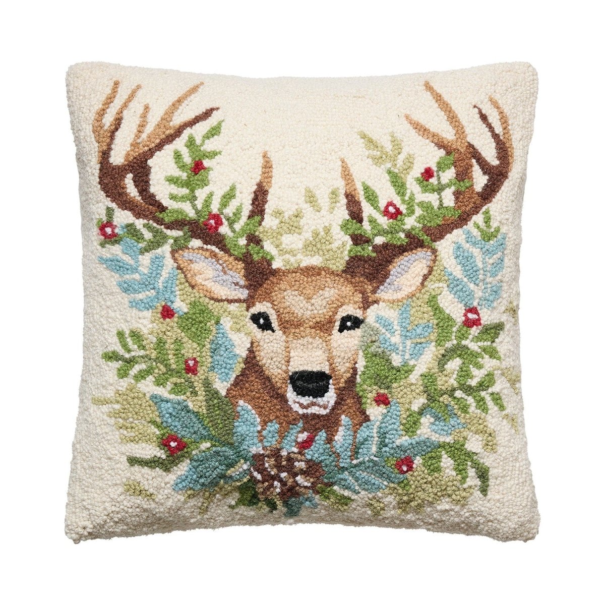 Deer Hooked Wool Christmas Throw Pillow, 18x18 inch, front view