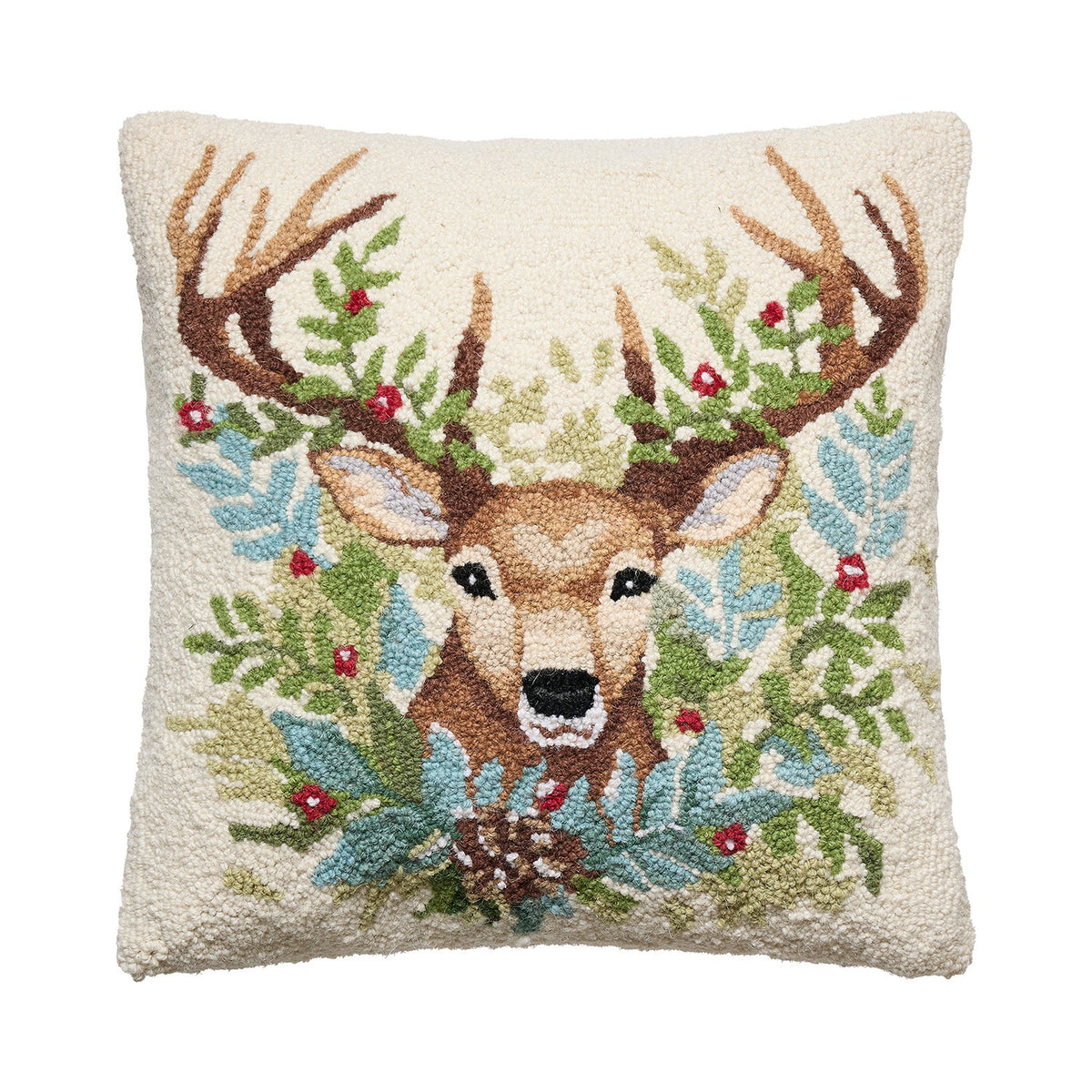 Deer Hooked Wool Christmas Throw Pillow, 18x18 inch, front view