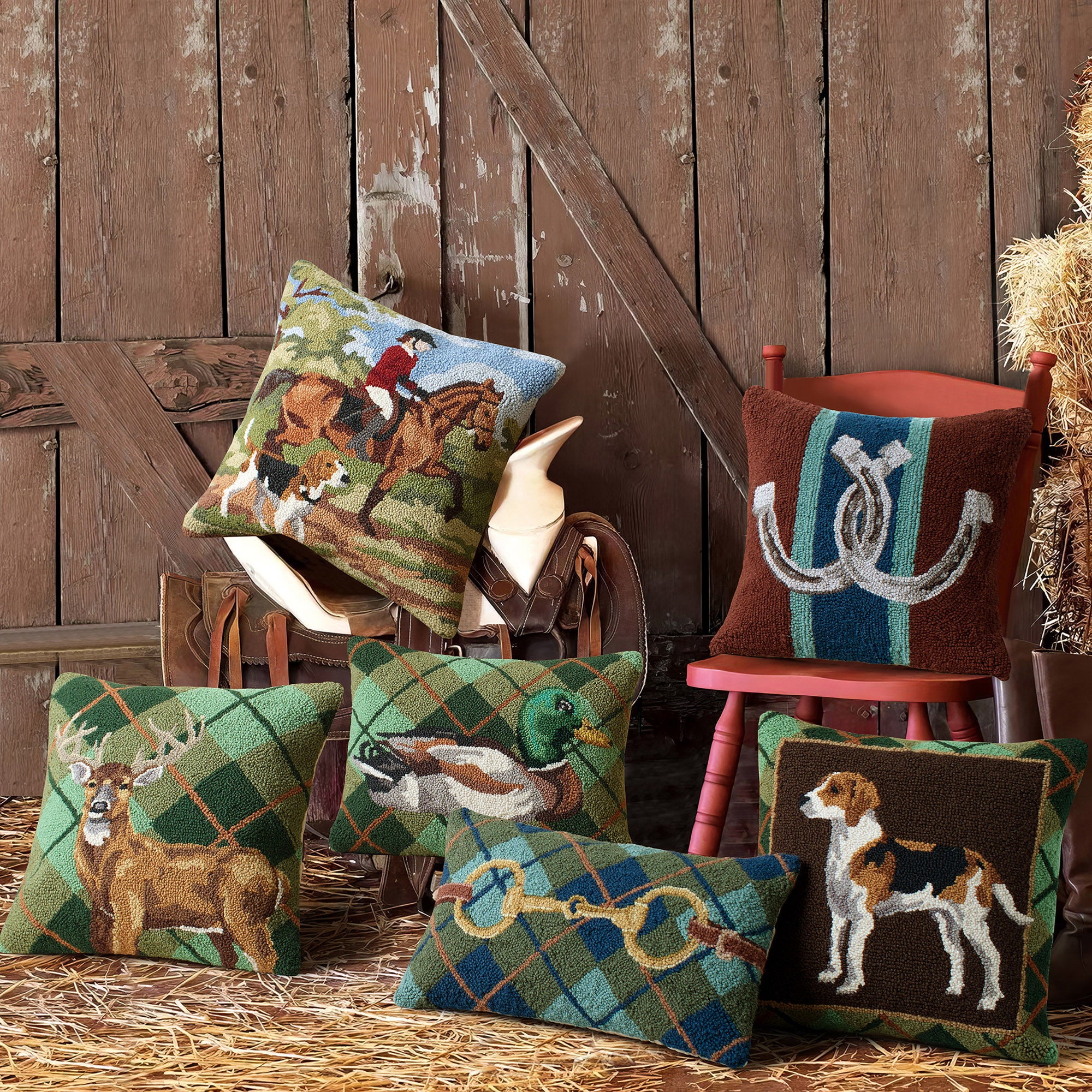 Deer Plaid Hooked Wool Throw Pillow shown alongside other designs in the same collection, 18x18 inch