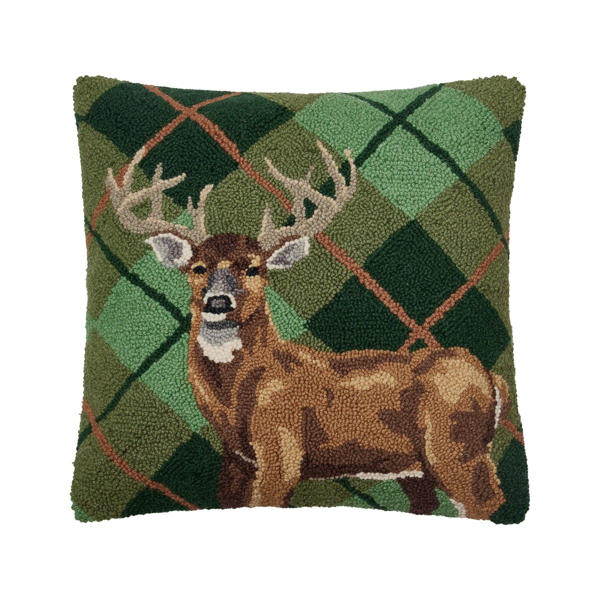 Deer Plaid Hooked Wool Throw Pillow, 18x18 inch, front view