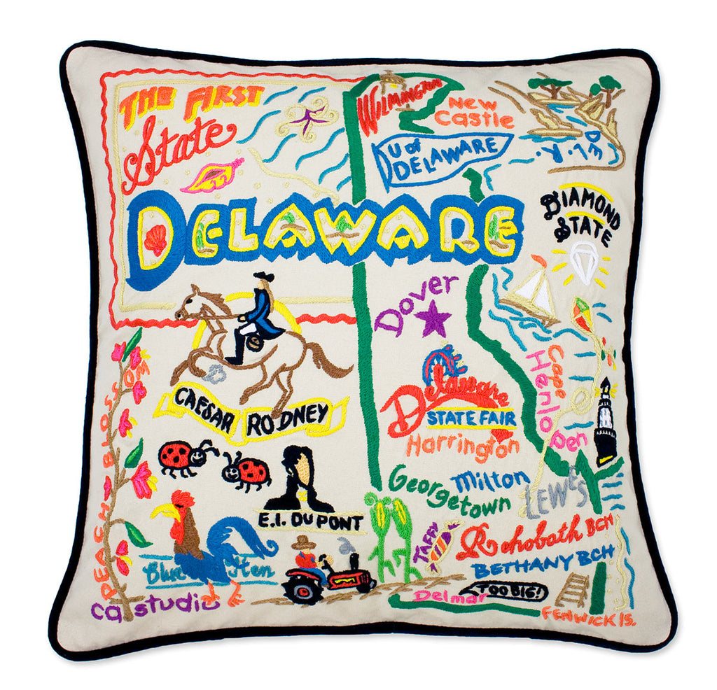 Delaware State Heritage embroidered throw pillow with state symbols.