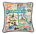 Delaware State Heritage hand-embroidered throw pillow showcasing iconic landmarks