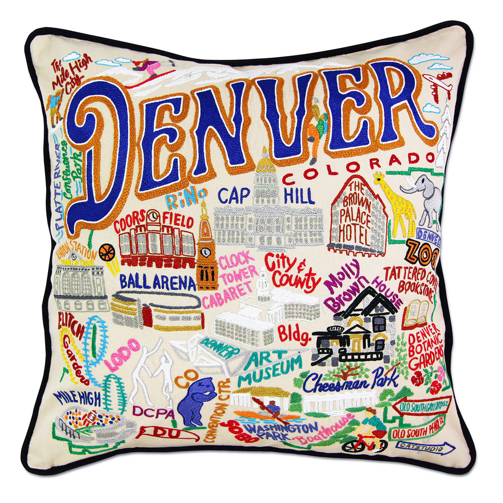 Denver, CO Mile High City embroidered throw pillow with cityscape.