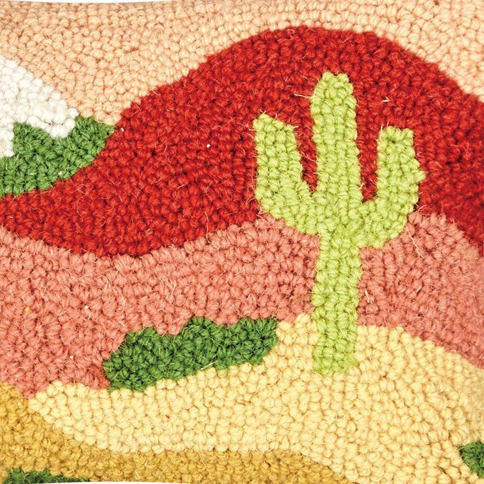Desert Cactus Sunset Hooked Wool Throw Pillow, close-up detail