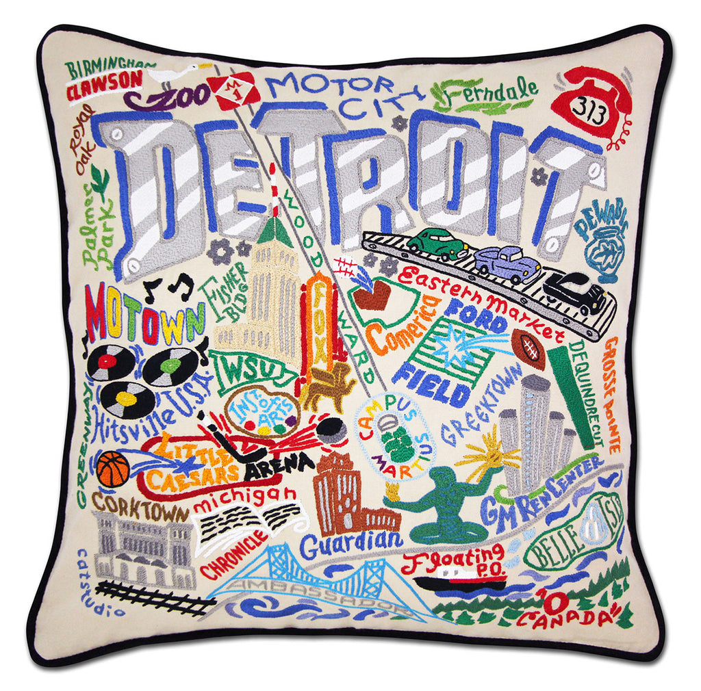 Detroit, MI Motor City embroidered throw pillow with automotive theme.