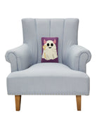 Devil Ghost Hooked Wool Halloween Throw Pillow on an armchair, showing the throw pillow at room scale, 8x12 inch