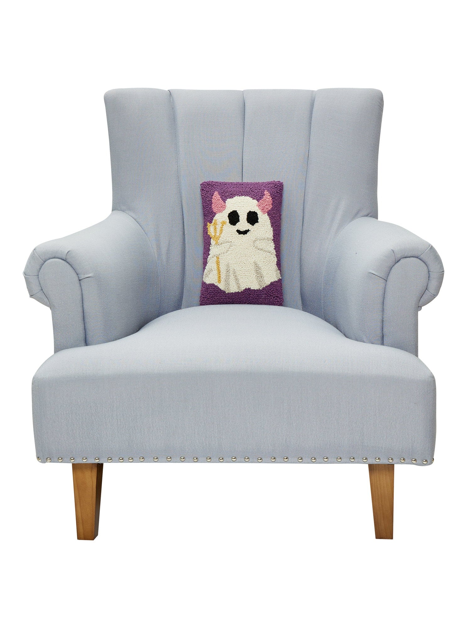 Devil Ghost Hooked Wool Halloween Throw Pillow on an armchair, showing the throw pillow at room scale, 8x12 inch