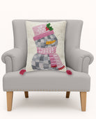 Disco Snowman with Tassels Hooked Wool Christmas Throw Pillow on an armchair, showing the throw pillow at room scale, 14x18 inch