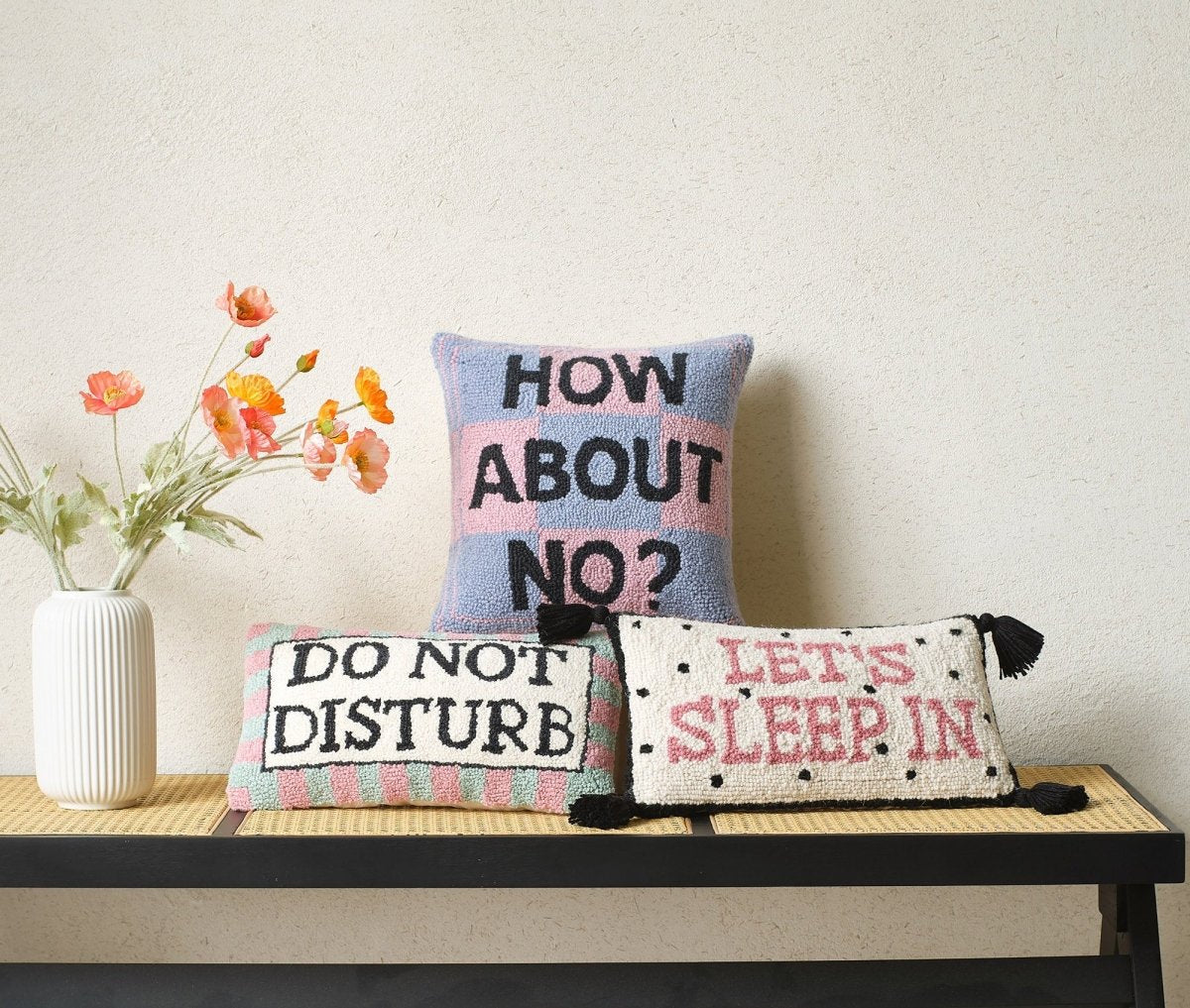 Do Not Disturb Hooked Wool Throw Pillow shown alongside other designs in the same collection, 9x16 inch