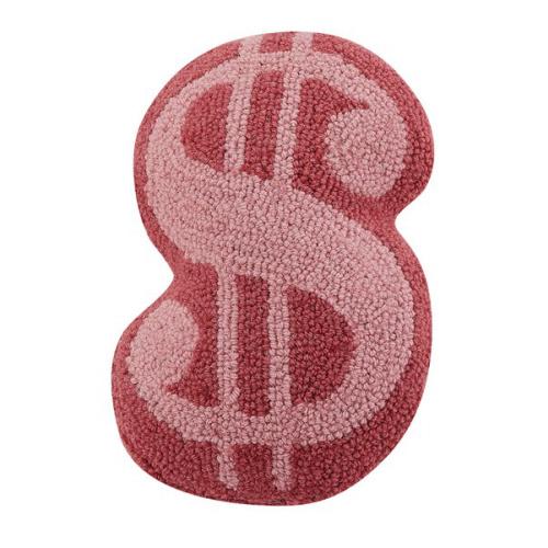 Dollar Sign Shaped Hooked Wool Throw Pillow, 8x12 inch, front view