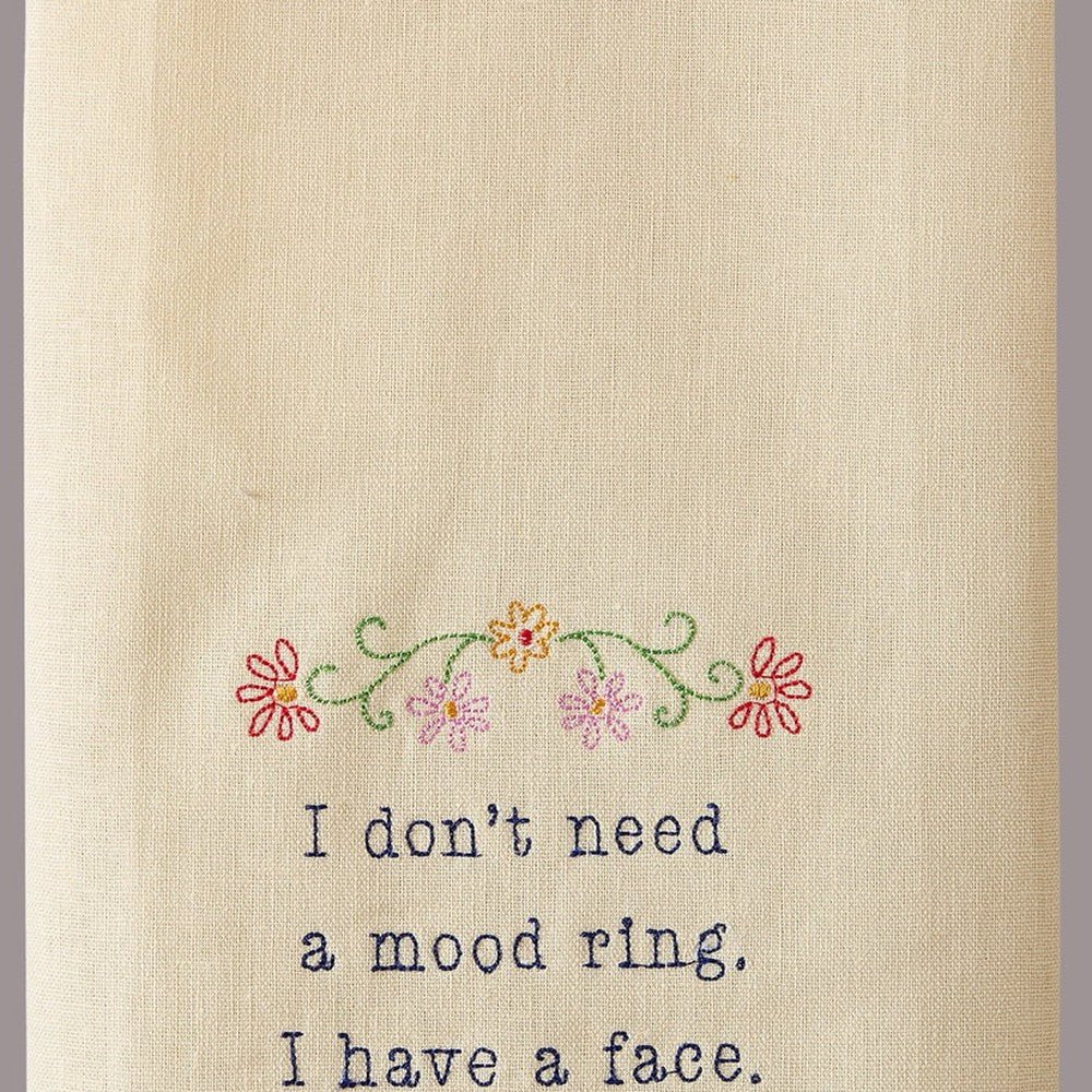 Closeup of Dont Need Mood Ring Embroidered Kitchen Towel showing stitch texture and craftsmanship detail