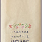 Closeup of Dont Need Mood Ring Embroidered Kitchen Towel showing stitch texture and craftsmanship detail