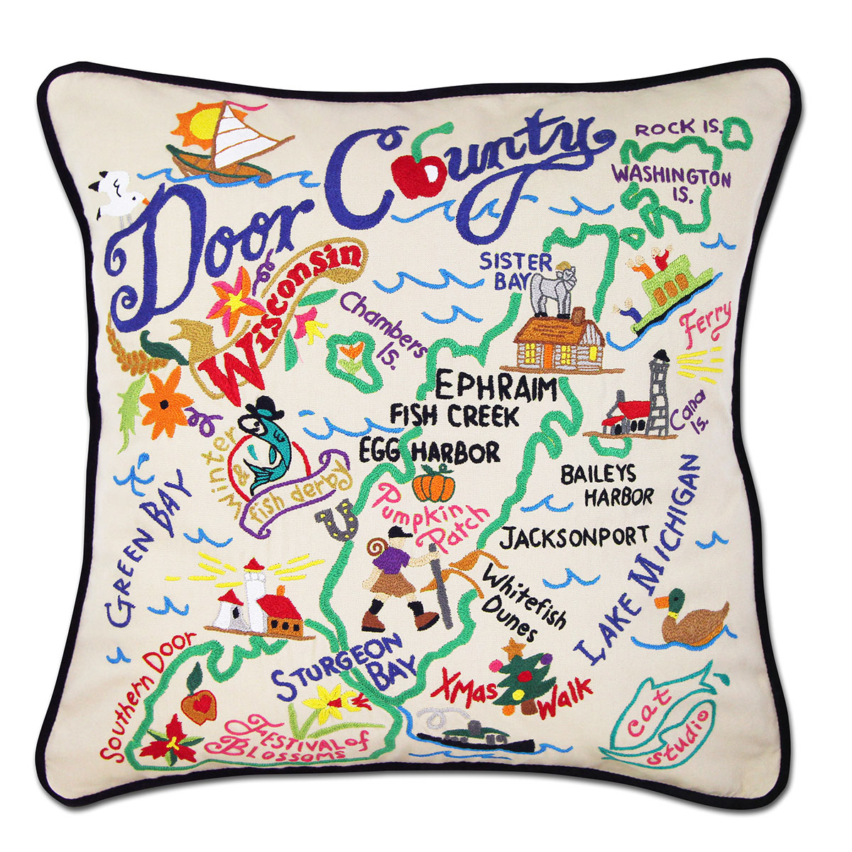 Door County Cherries embroidered throw pillow with cherry design.