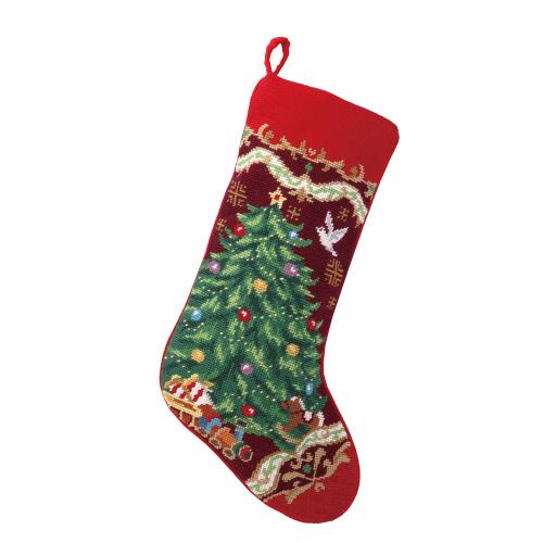 Dove and Gold Swag Christmas Tree Wool Needlepoint Stocking, 11x18 inch, front view