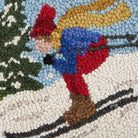 Downhill Skier Hooked Wool Christmas Throw Pillow, close-up detail