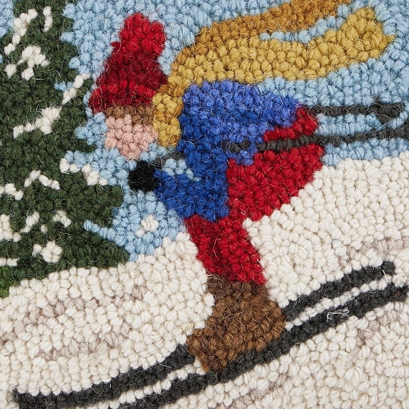 Downhill Skier Hooked Wool Christmas Throw Pillow, close-up detail