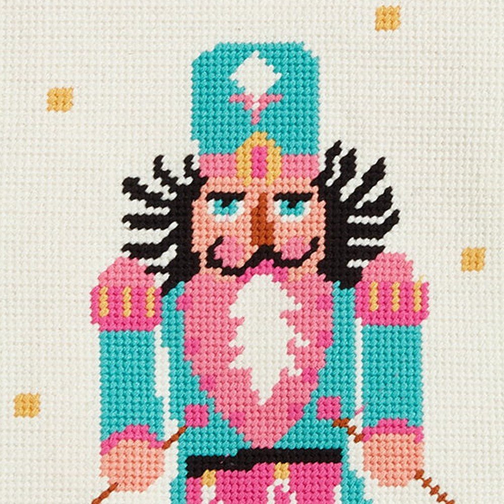 Closeup of Drummer Embroidered Needlepoint Christmas Stocking showing stitch texture and craftsmanship detail