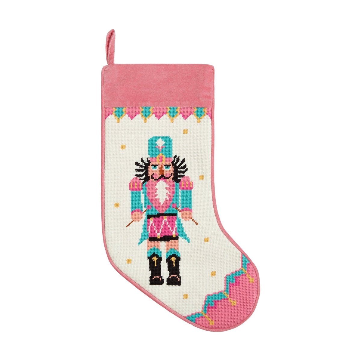 Drummer Embroidered Needlepoint Christmas Stocking, 11x18 inch, front view