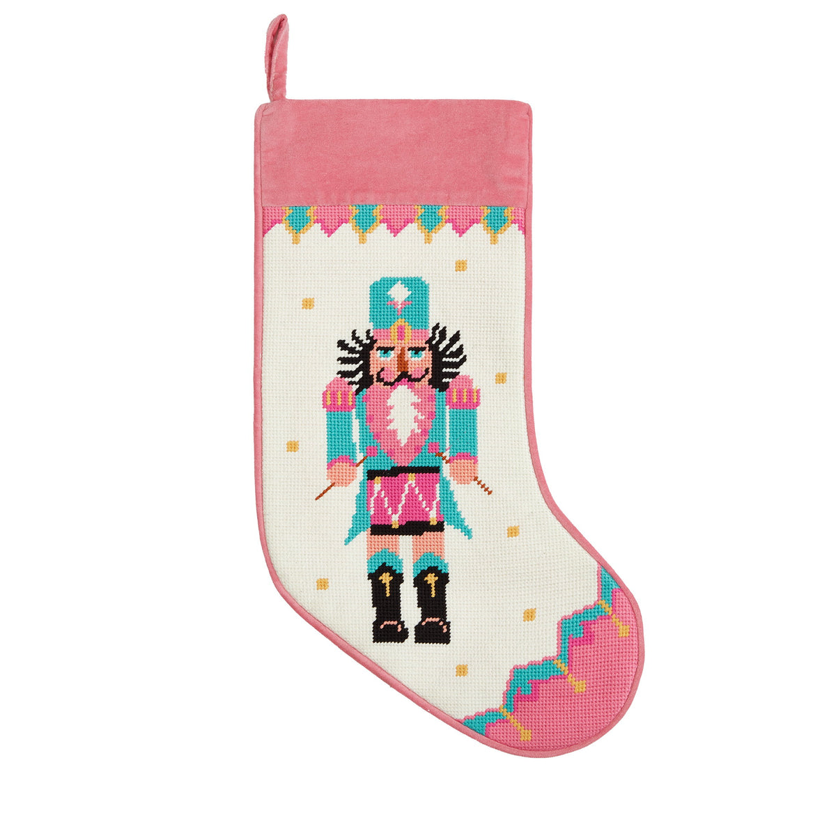 Drummer Embroidered Needlepoint Christmas Stocking, 11x18 inch, front view