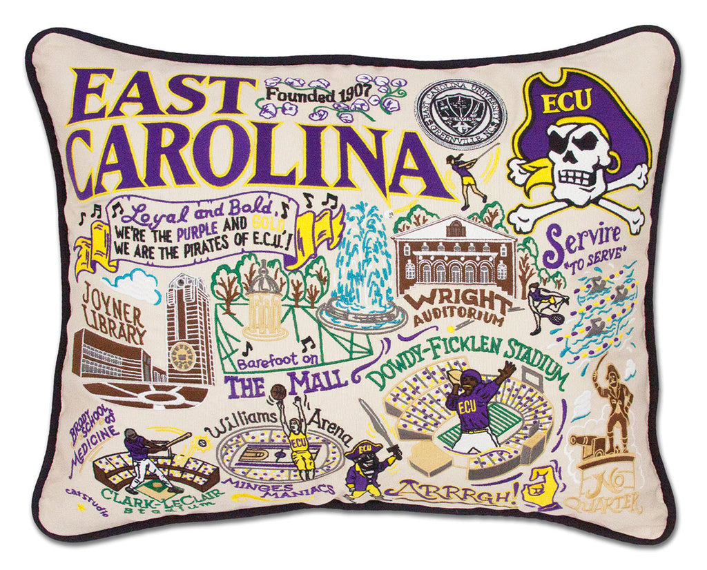 East Carolina University ECU Pirates embroidered pillow with school mascot.