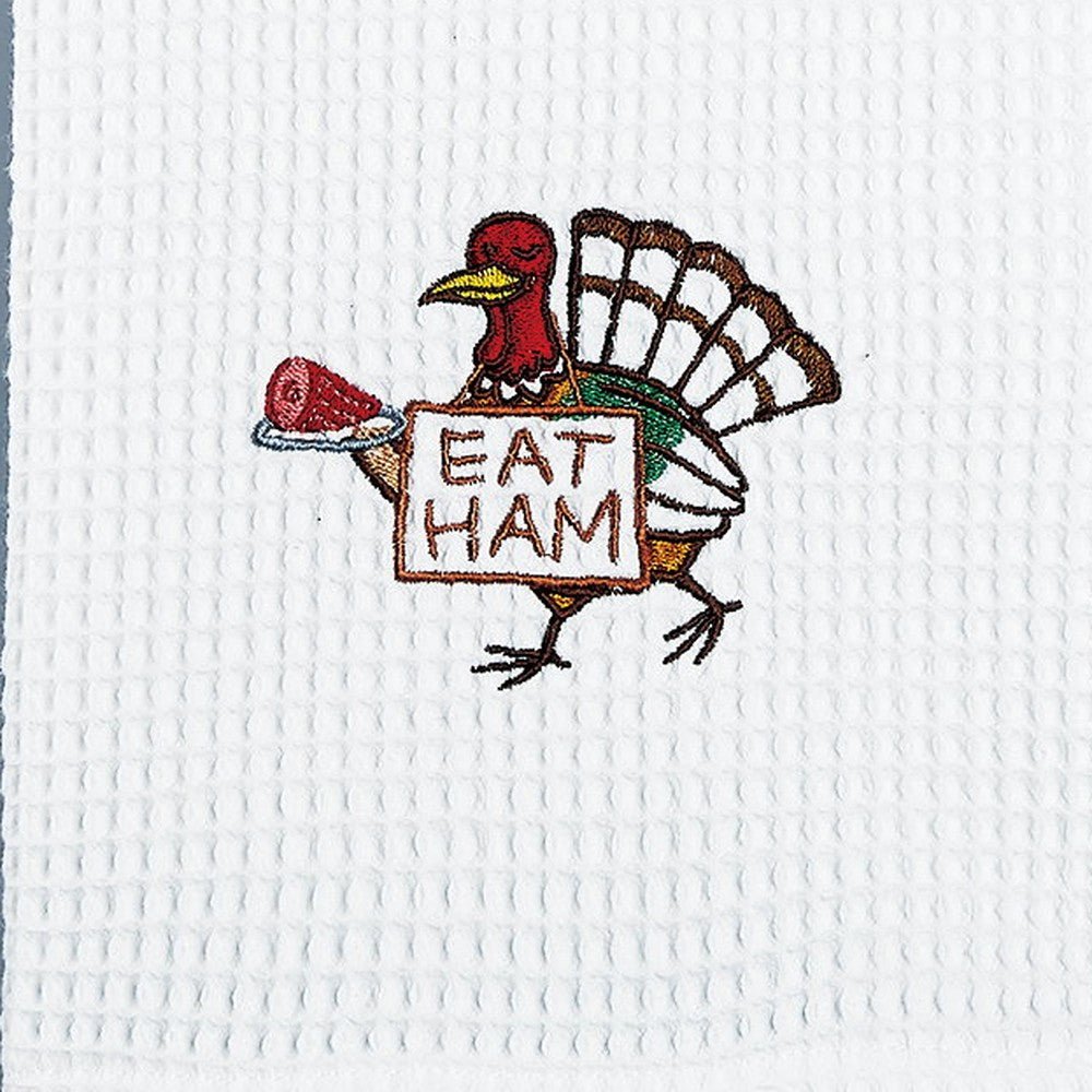Closeup of Eat Ham Kitchen Towel showing print and fabric detail