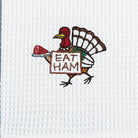 Closeup of Eat Ham Kitchen Towel showing print and fabric detail