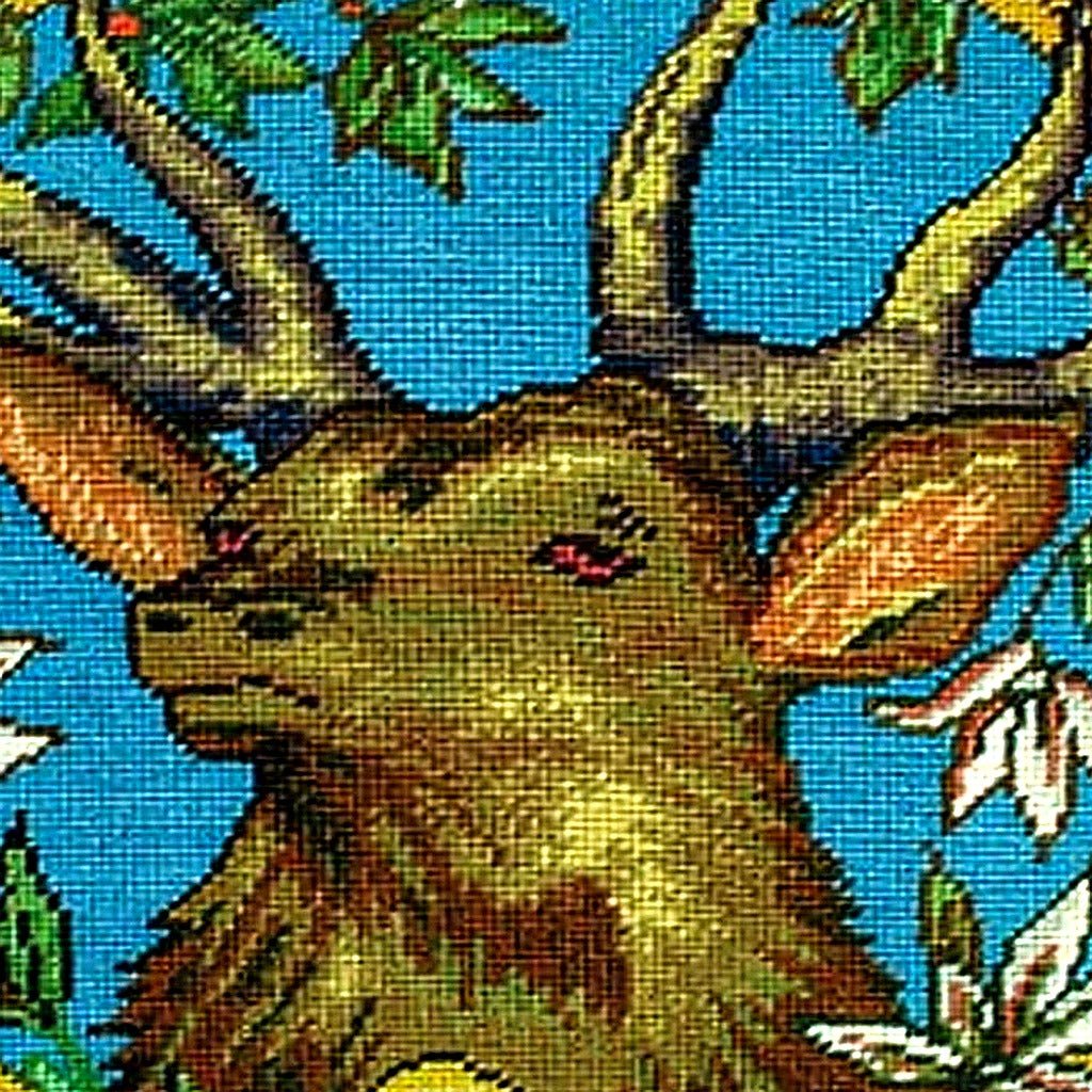 Elk With Horns Rustic Wildlife pillow fabric closeup showing hand-embroidered needlepoint wool texture and color detail