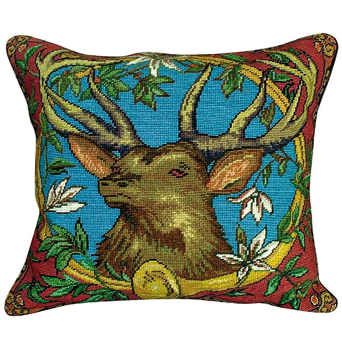 Elk With Horns needlepoint throw pillow with rustic nature wildlife lodge design