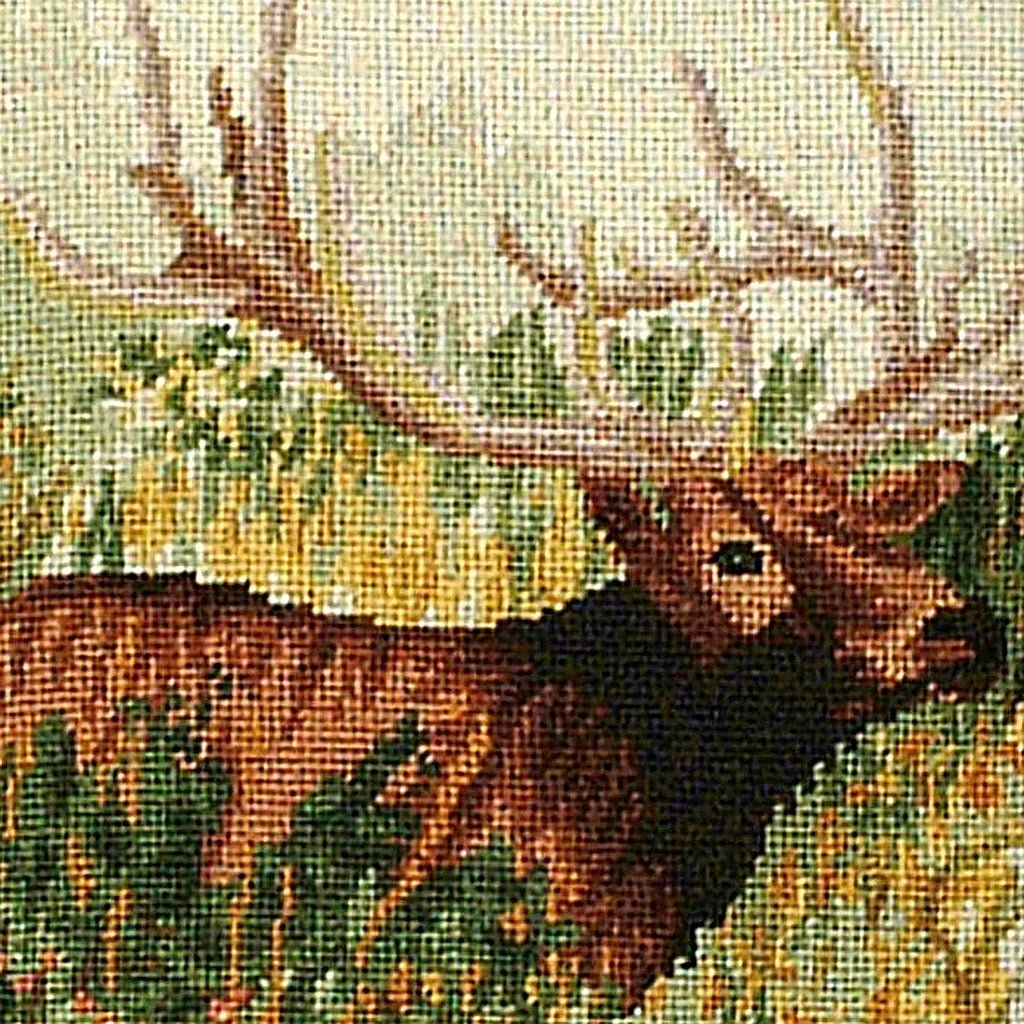 Elk Woods Landscape Wildlife pillow fabric closeup showing hand-embroidered needlepoint wool texture and color detail