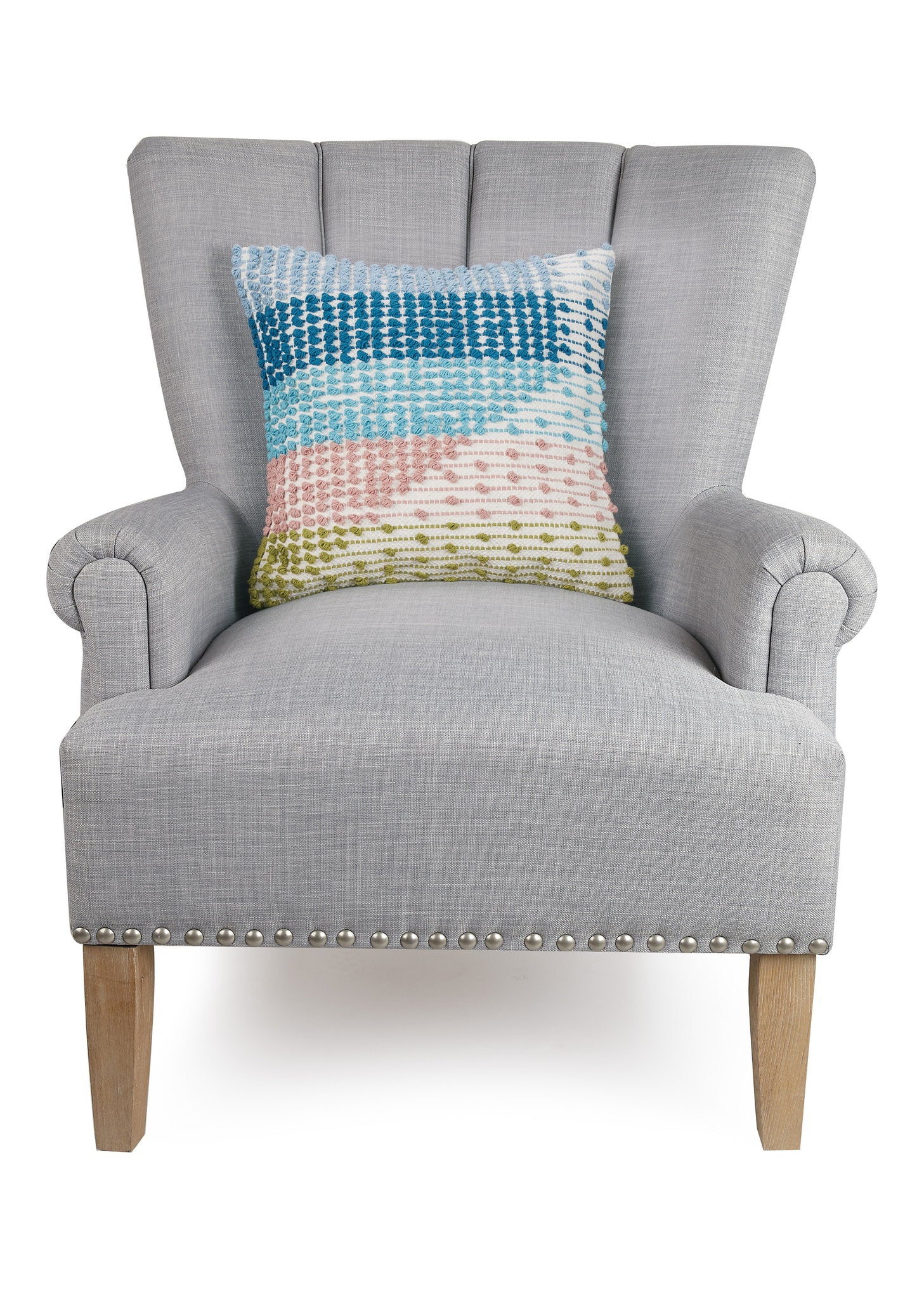 Ellis Decorative Hooked Throw Pillow on an armchair, showing the throw pillow at room scale, 16x16 inch