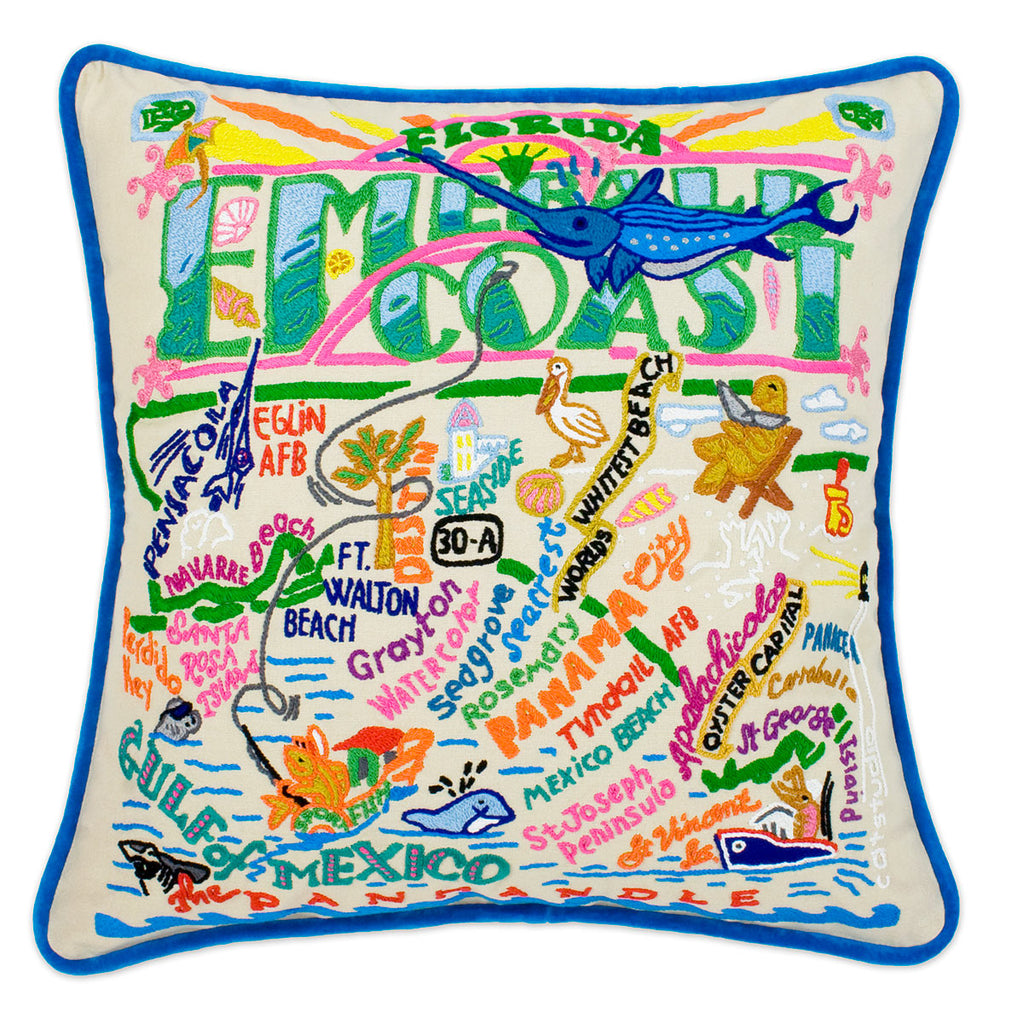 Emerald Coast Beaches embroidered throw pillow with beach scenes.