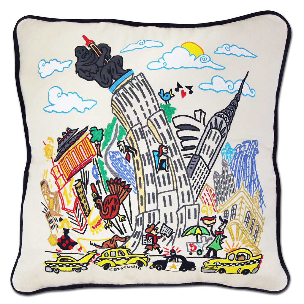 Empire State New York embroidered throw pillow with state symbols.