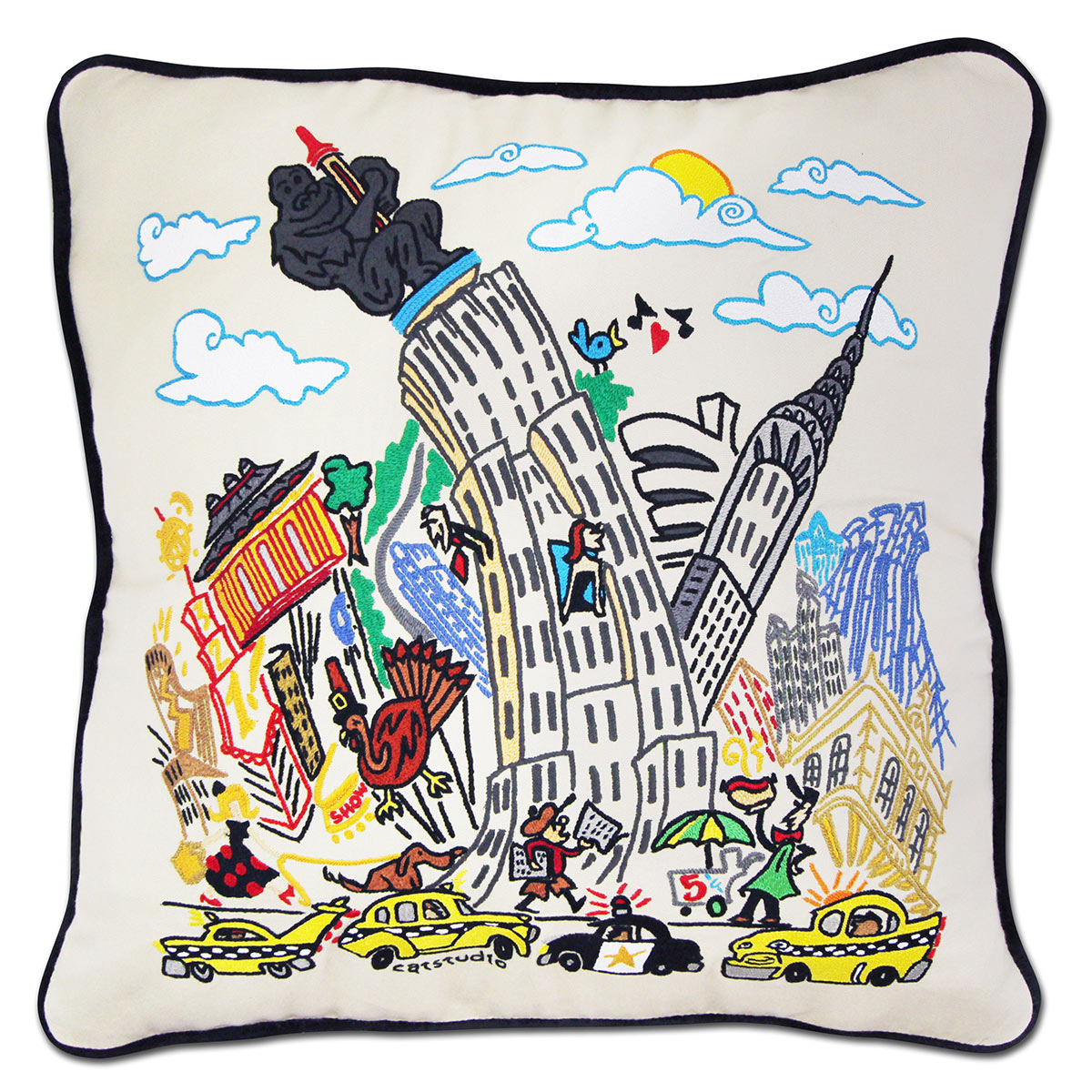 Empire State Building XL embroidered throw pillow with detailed skyscraper design.