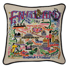 England Heritage hand-embroidered throw pillow showcasing iconic landmarks