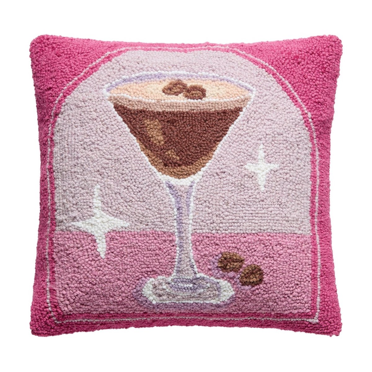 Espresso Martini Bar Cart Wool Hooked Throw Pillow, 16x16 inch, front view