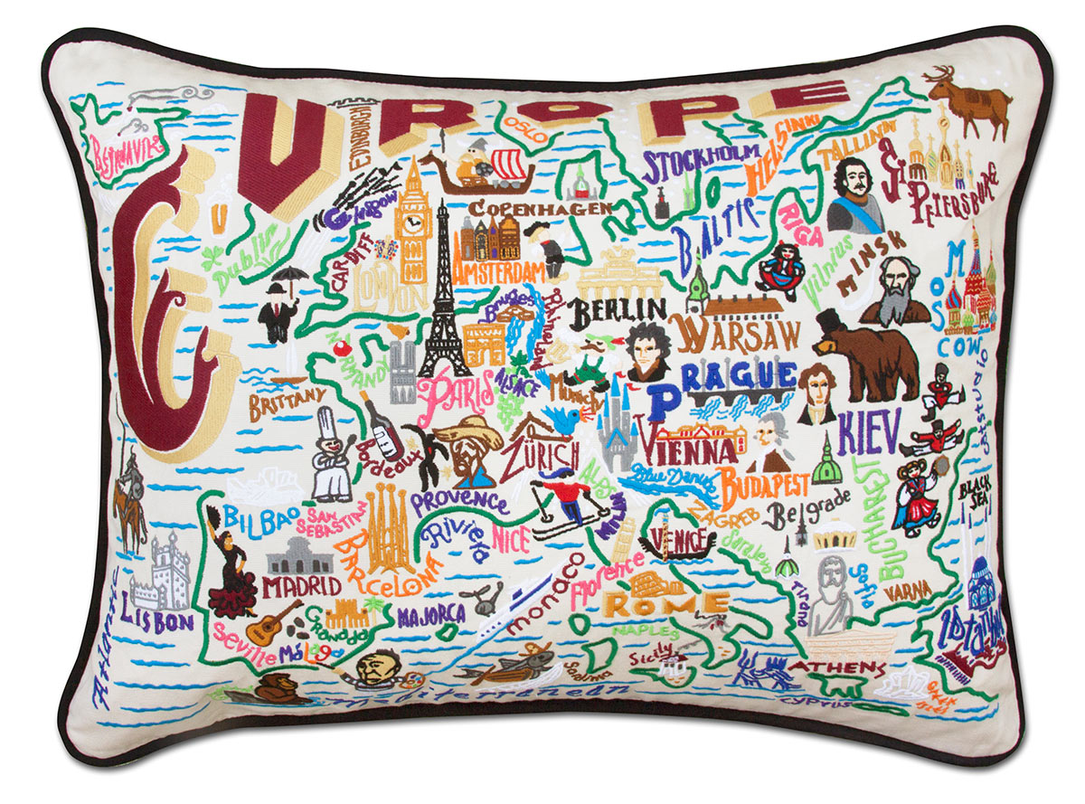 European Charm and Heritage embroidered throw pillow with historic charm.
